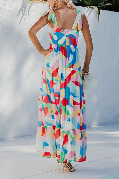 Margovil Bow Shoulder Ruffle Tiered Printed Flowy Maxi Cami Dress