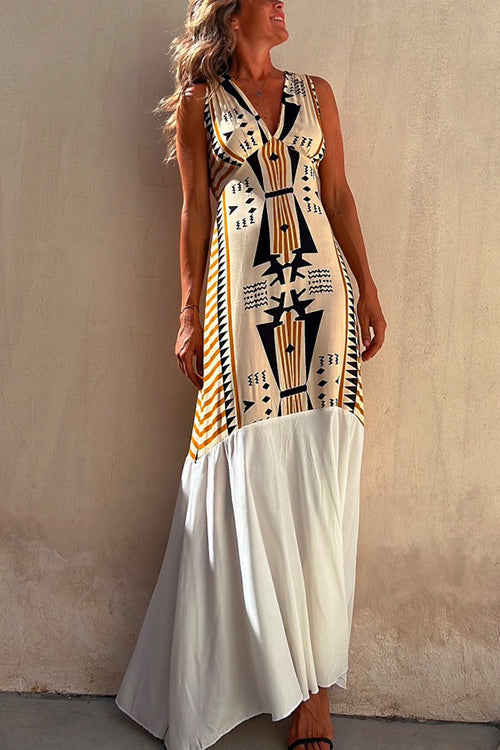 Margovil Sleeveless V Neck Printed Splice Maxi Swing Dress