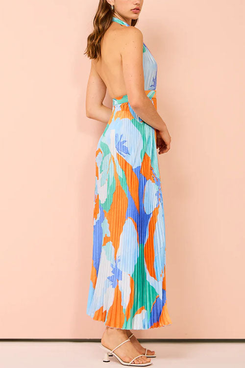 Deep V Neck Halter Backless Printed Maxi Pleated Dress