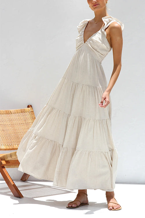 Margovil V Neck Ruffle Trim Tiered Sleeveless Linen Maxi Dress (2 Colors)