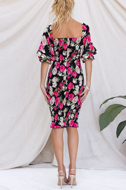 Margovil Square Neck Smocked Floral Print Midi Bodycon Dress