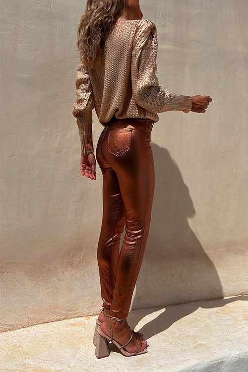 Metallic Faux Leather Skinny Legging Pants