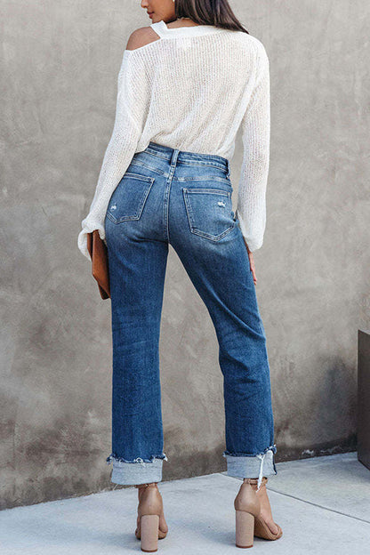 Pantalon en jean déchiré taille haute à jambe droite Margovil