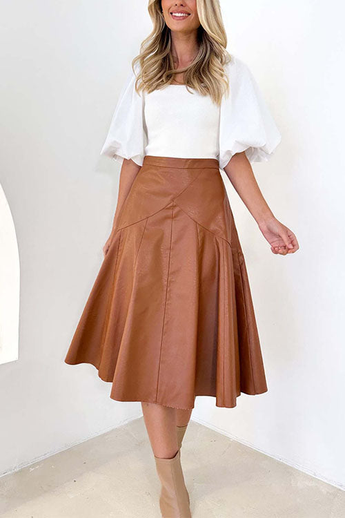 Margovil High Waist Faux Leather A-line Flare Midi Skirt