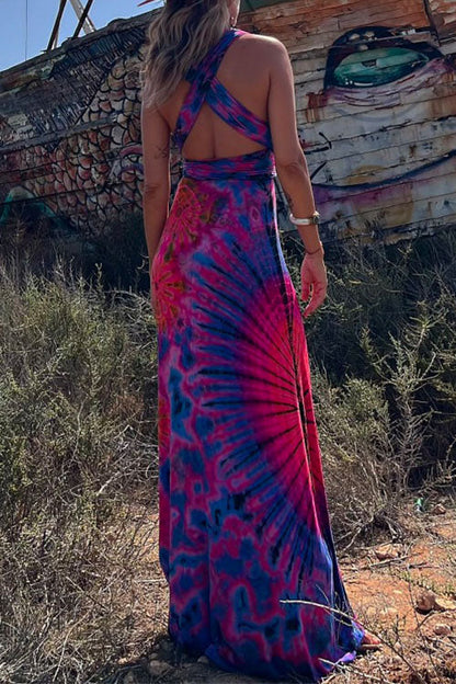 Margovil V Neck Criss Cross Backless Tie Dye Maxi A-line Dress