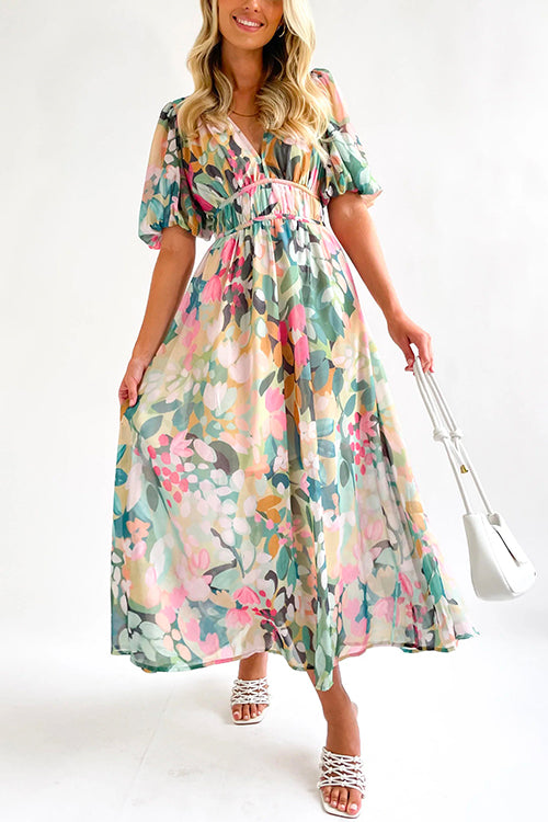 Margovil V Neck Frilled Waist Floral Printed Maxi Swing Dress