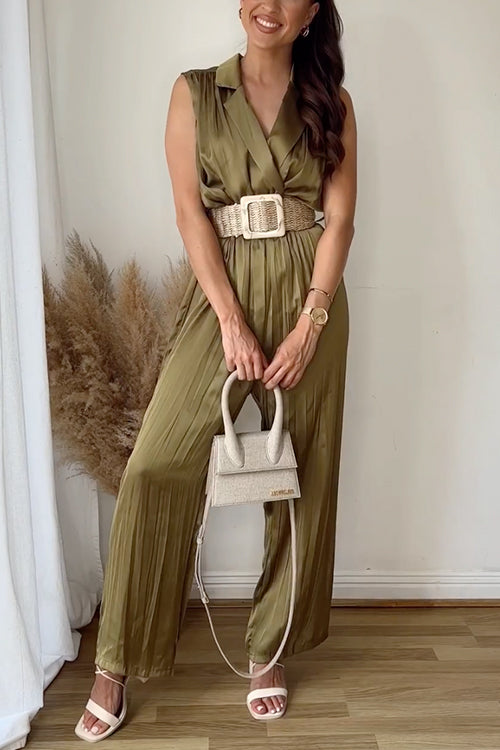 Lapel V Neck Sleeveless Wide Leg Pleated Jumpsuit