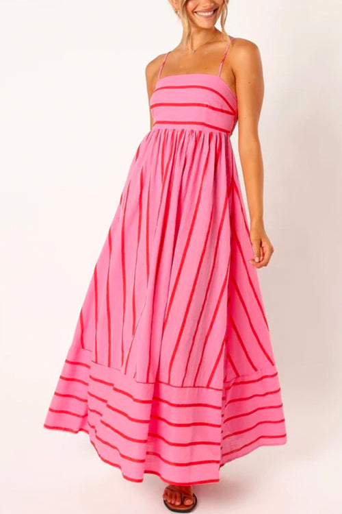 Margovil High Waist Back Cut Out Striped Maxi Cami Dress