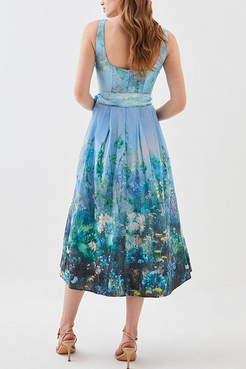 Bow Knot Waist Scenic Floral Swing Midi Cami Dress