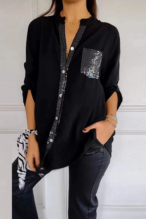 Margovil Rolled Up Sleeves Button Down Sequin Splice Blouse Shirt