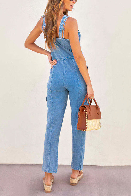 Margovil V Neck Drawstring Waist Sleeveless Denim Overall Jumpsuit