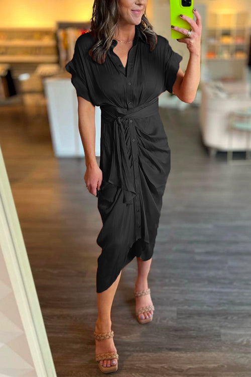 Margovil Short Sleeve Tie Waist Ruched Midi Shirt Dress