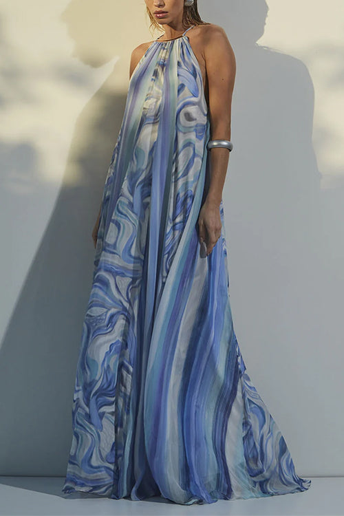 Halter Sleeveless Printed Swing Maxi Vacation Dress