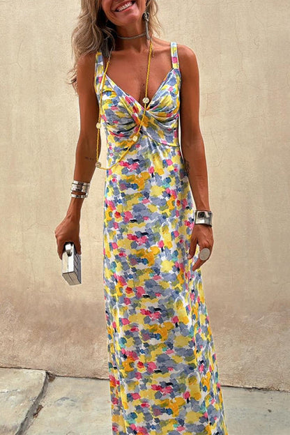 Cross V Neck Abstract Print Swing Maxi Cami Dress