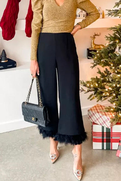 Chicest High Waist Feather Hem Wide Leg Pants