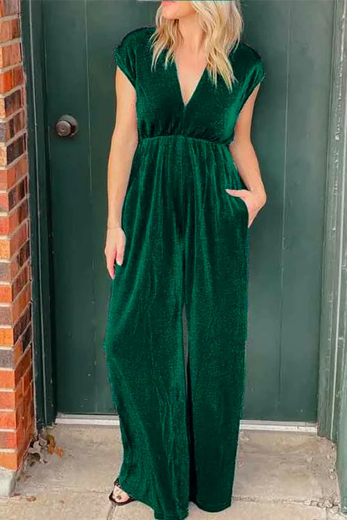 Margovil Deep V Neck Cap Sleeves Waisted Wide Leg Velvet Jumpsuit