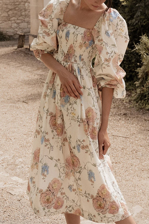 Square Neck Puff Sleeves Floral Print A-line Midi Dress