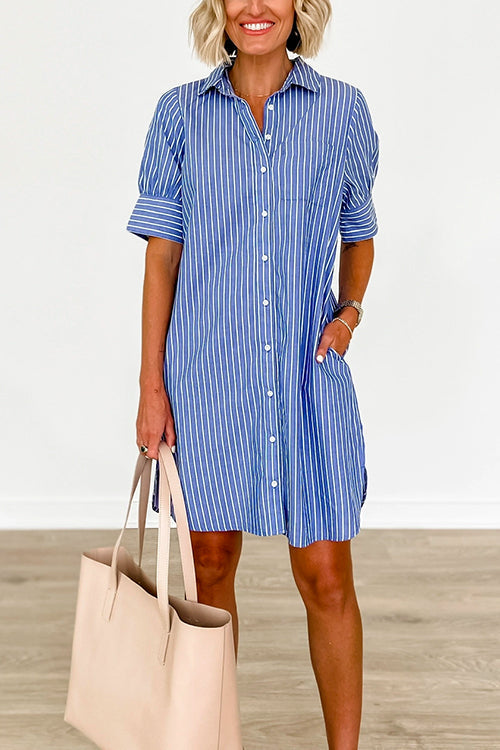 Button Down Short Sleeves Striped Shirt Dress