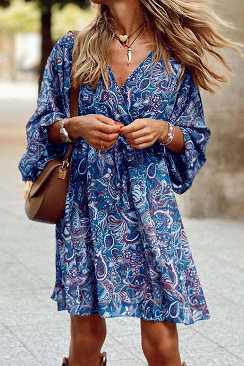 Margovil Wrap V Neck 3/4 Sleeves Tie Waist Floral Print Dress