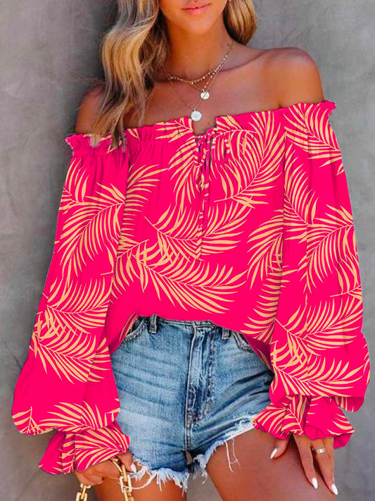 Margovil Off Shoulder Long Sleeve Printed Pullover Top