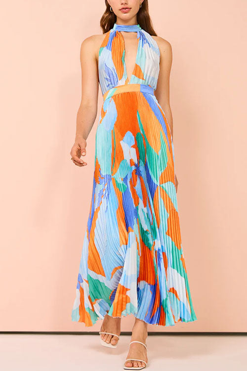 Deep V Neck Halter Backless Printed Maxi Pleated Dress