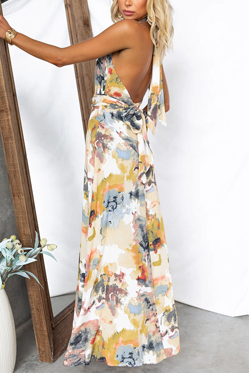 Margovil Halter V Neck Backless Printed Maxi Vacation Dress