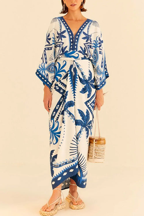 Margovil V Neck Kimono Sleeves Tie Waist Printed Wrap Dress