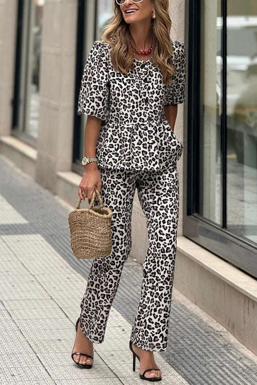 Margovil Half Sleeves Button Up Ruffle Shirt and Straight Leg Pants Leopard Set