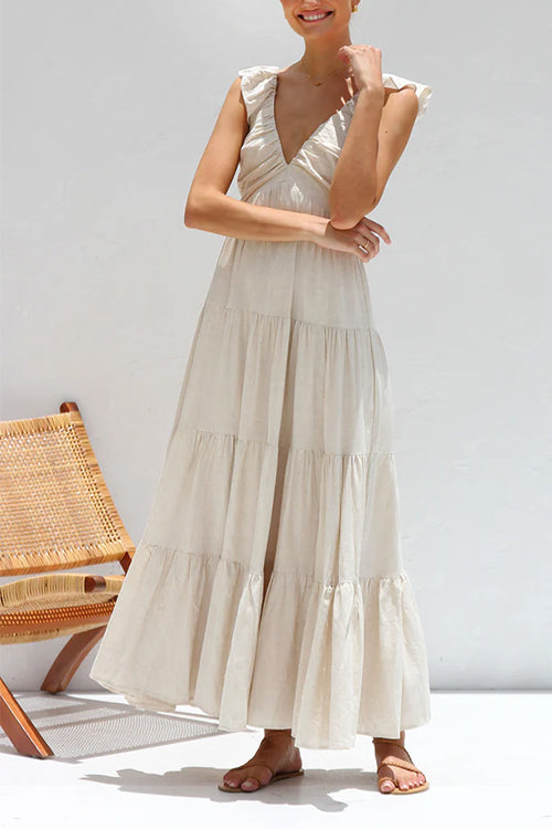 Margovil V Neck Ruffle Trim Tiered Sleeveless Linen Maxi Dress (2 Colors)