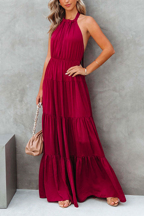 Margovil Halter Backless Waisted Ruffle Tiered Maxi Holiday Dress