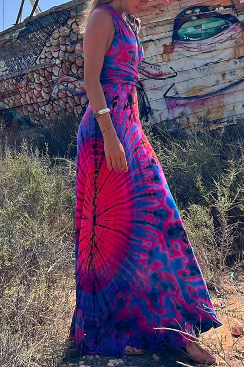 Margovil V Neck Criss Cross Backless Tie Dye Maxi A-line Dress