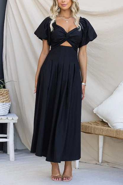 Margovil Twist Front Puff Sleeves Cut Out Pocketed Maxi Dress