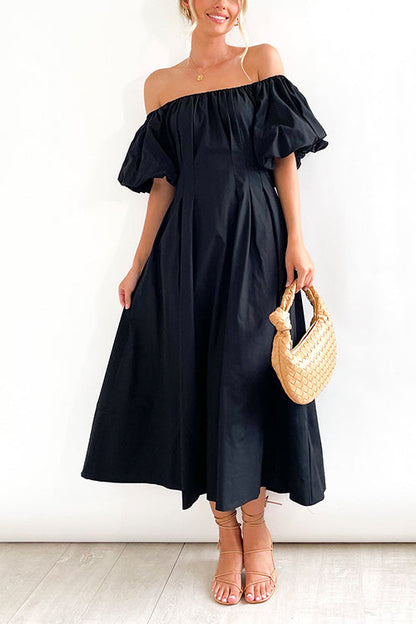 Margovil Off Shoulder Puff Sleeves High Waist Maxi Swing Dress