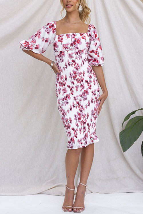 Margovil Square Neck Smocked Floral Print Midi Bodycon Dress