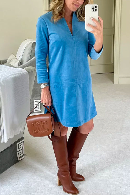 V Neck Long Sleeves Loose Fit Corduroy Dress