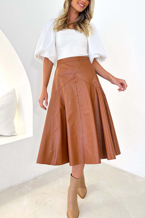 Margovil High Waist Faux Leather A-line Flare Midi Skirt