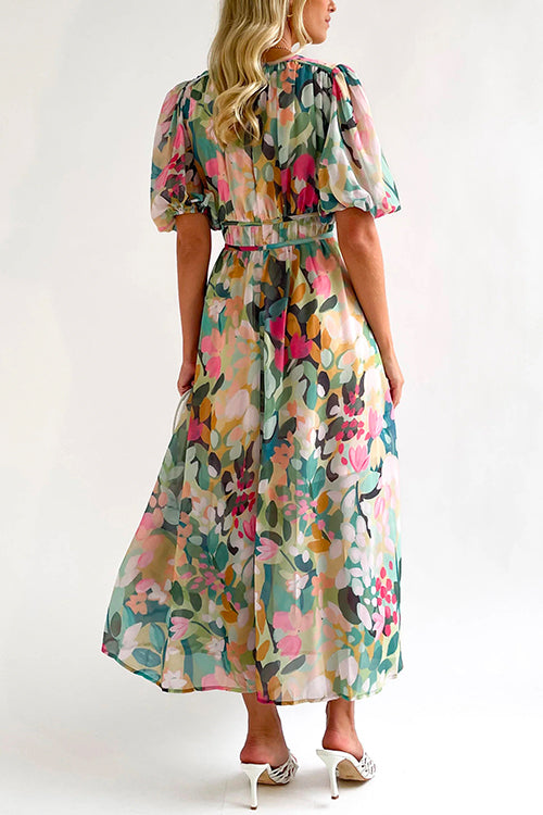 Margovil V Neck Frilled Waist Floral Printed Maxi Swing Dress