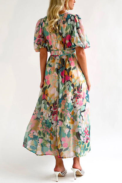 Margovil V Neck Frilled Waist Floral Printed Maxi Swing Dress