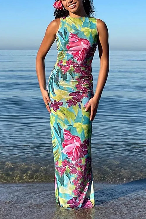 Margovil Sleeveless Back Cut Out Slit Tropical Floral Print Maxi Dress