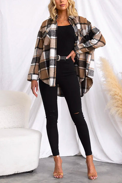 Margovil Lapel Button Down Pockets Plaid Shacket Coat