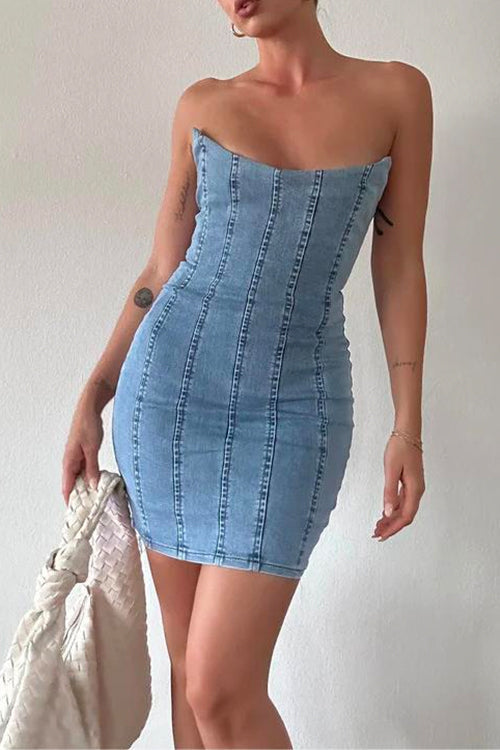 Margovil Strapless Tube Top Denim Mini Bodycon Dress