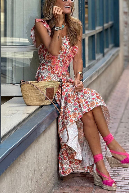 Margovil Ruffle Trim Sleeveless Floral Print Maxi Dress