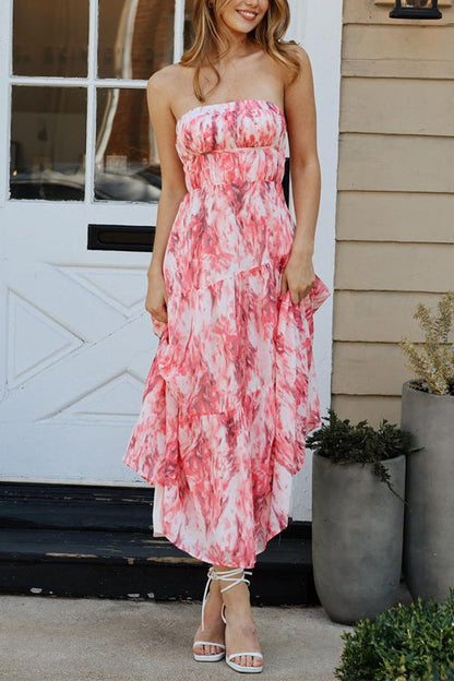 Strapless Open Back Tiered Printed Maxi Dress