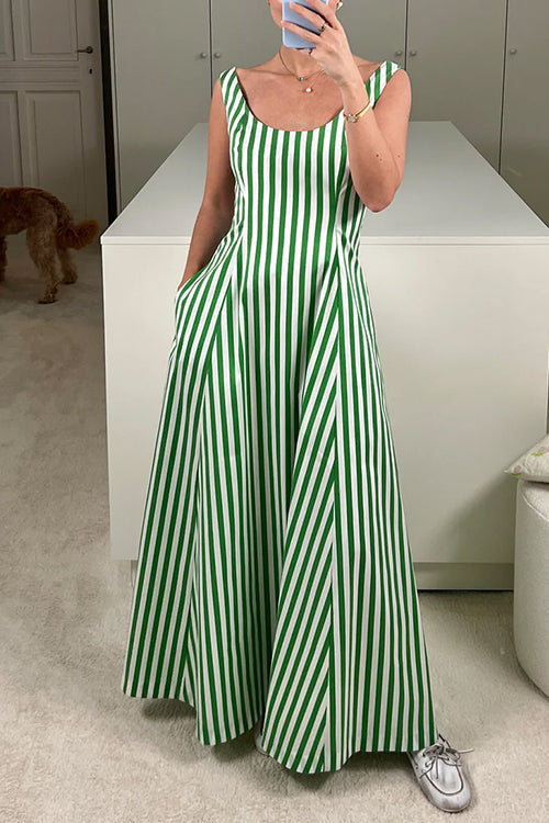 Margovil Scoop Neck Sleeveless Pocketed Striped Maxi Swing Dress