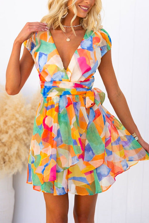 Wrap V Neck Tie Waist Printed Ruffle Mini Dress