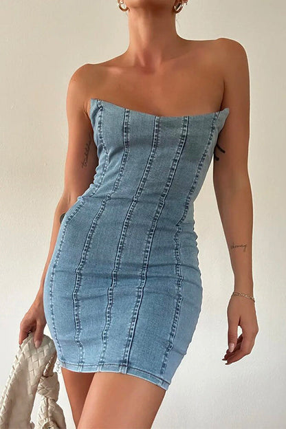 Margovil Strapless Tube Top Denim Mini Bodycon Dress