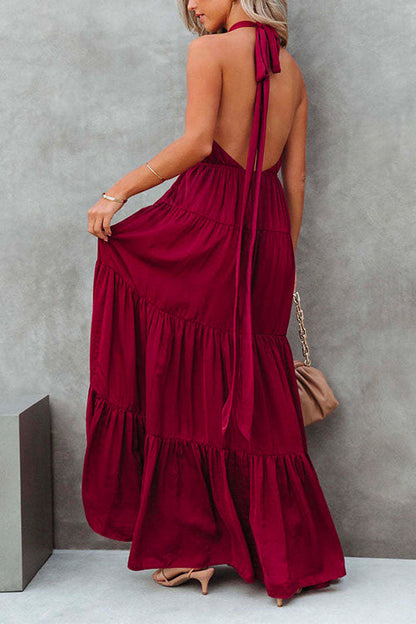 Margovil Halter Backless Waisted Ruffle Tiered Maxi Holiday Dress