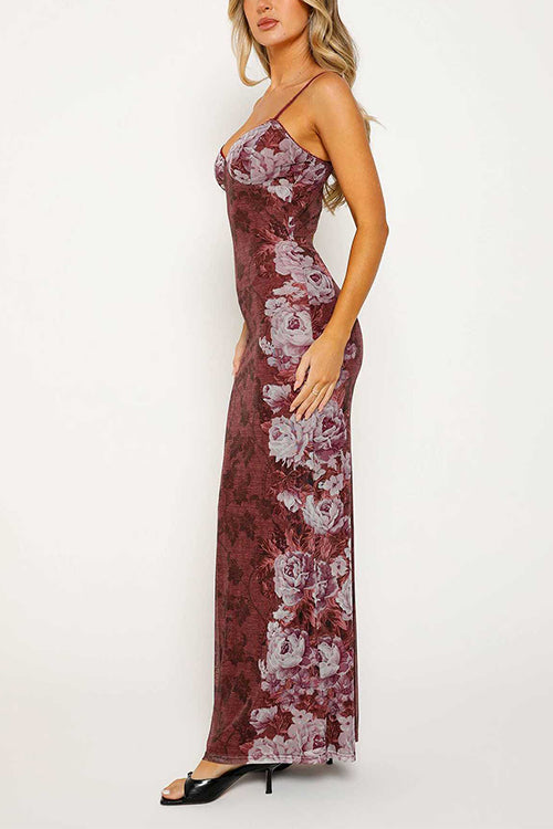 Margovil Spaghetti Strap V Neck Floral Print Bodycon Maxi Dress