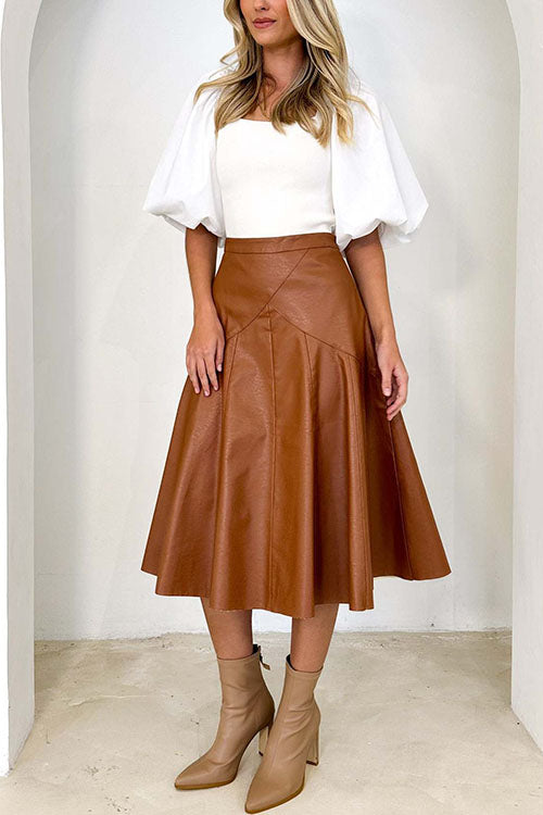 Margovil High Waist Faux Leather A-line Flare Midi Skirt