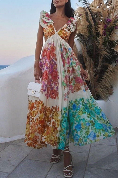 Margovil V Neck Open Back Ruffle Trim Color Block Floral Maxi Holiday Dress